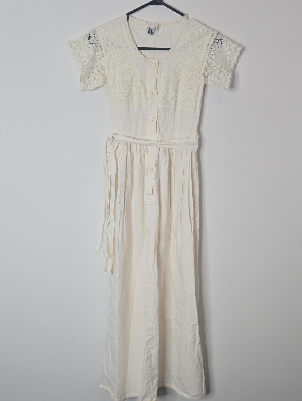 Vintage Laura Ashley Lace Cream Linen Button-Front Maxi Dress